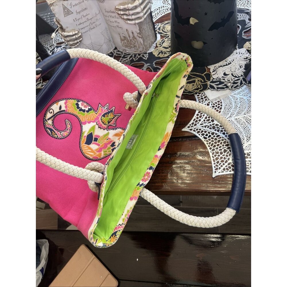 Spartina 449 Salt Meadow Beach Bag Pink Seahorse Print Linen Lined Rope Handle - Picture 12 of 12